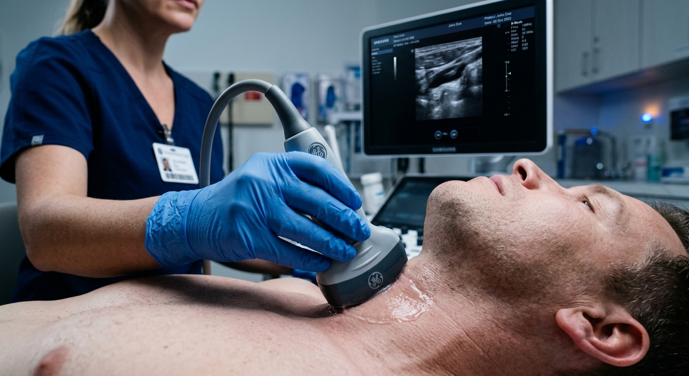 אשת צוות רפואי מבצעת בדיקת אולטרסאונד צוואר למטופל במכון דימות